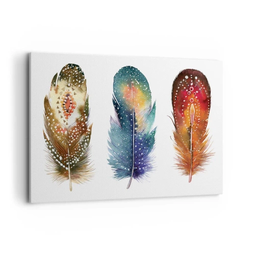 Bild auf Leinwand - Leinwandbild - Drei bunte Federn mit kunstvollen Mustern auf hellem Hintergrund - 120x80cm - Rituale, Zeremonien, Geheimnisse - Moderne Wanddekoration für Wohnzimmer und Schlafzimmer ARTTOR