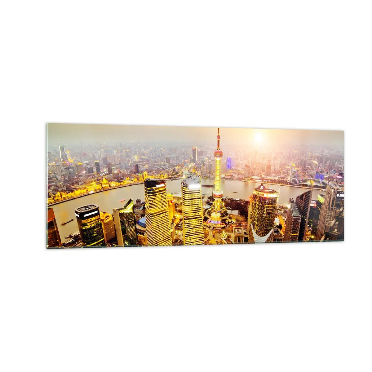 Glasbild - Bild auf glas - Stadtpanorama mit Wolkenkratzern bei Sonnenuntergang - 140x50cm - Asiatischer Traum - Moderne Wanddekoration für Wohnzimmer und Schlafzimmer ARTTOR