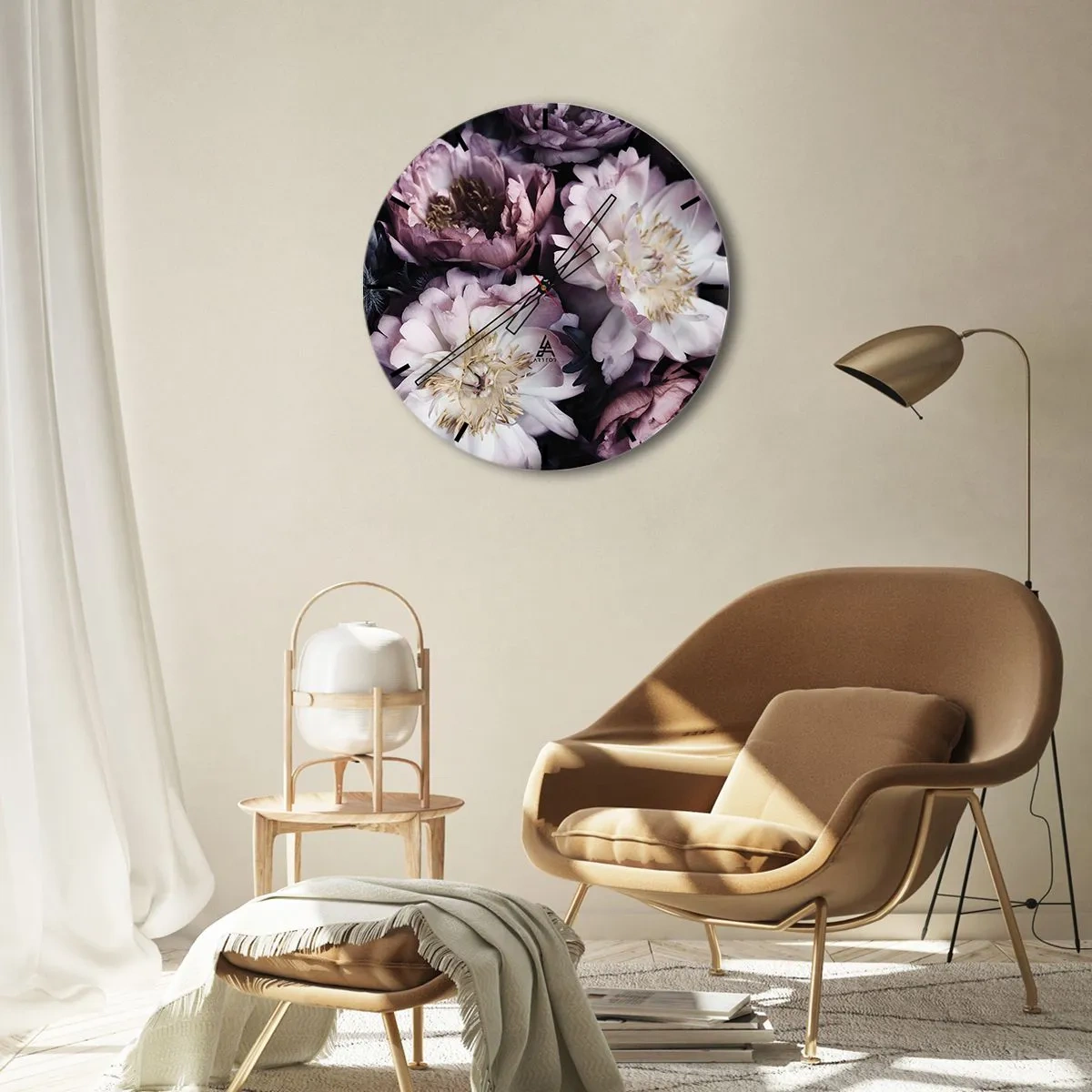 Wanduhr - Glasuhr - Rosa und cremefarbene Pfingstrosen in einem dichten, schattigen Arrangement - 30x30cm - Blumenstrauß im alten Stil - Moderne Wanddekoration für Wohnzimmer, Küche und Schlafzimmer ARTTOR