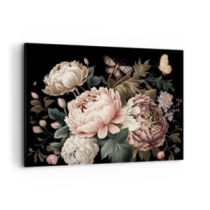Bild auf Leinwand - Leinwandbild - Ein Strauß rosa Blumen und Schmetterlinge auf schwarzem Hintergrund - 100x70cm - Im Barockstil - Moderne Wanddekoration für Wohnzimmer und Schlafzimmer ARTTOR
