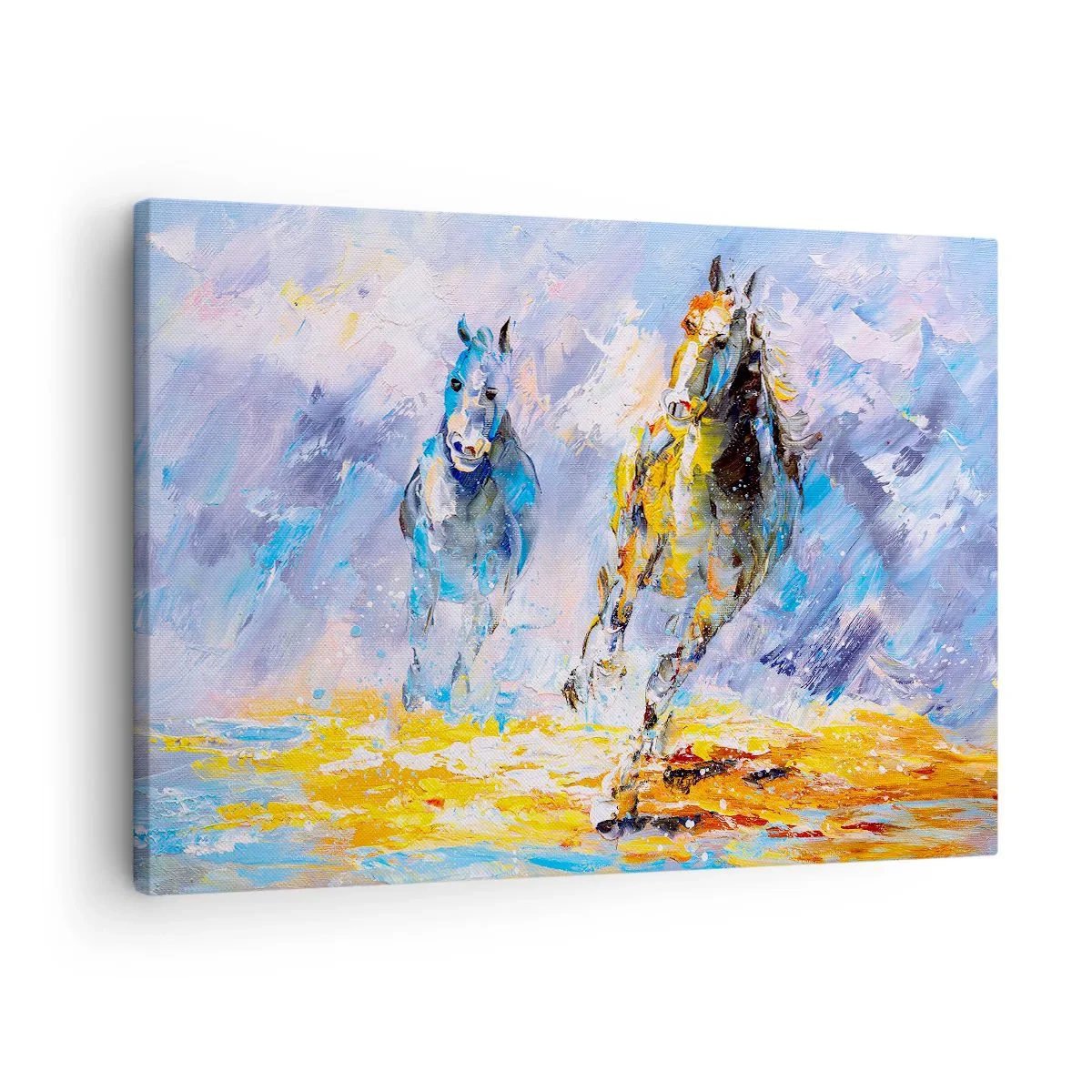 Bild auf Leinwand - Leinwandbild - Zwei Pferde in Bewegung vor dem Hintergrund einer abstrakten Landschaft - 70x50cm - Galopp durch die Blendung - Moderne Wanddekoration für Wohnzimmer und Schlafzimmer ARTTOR