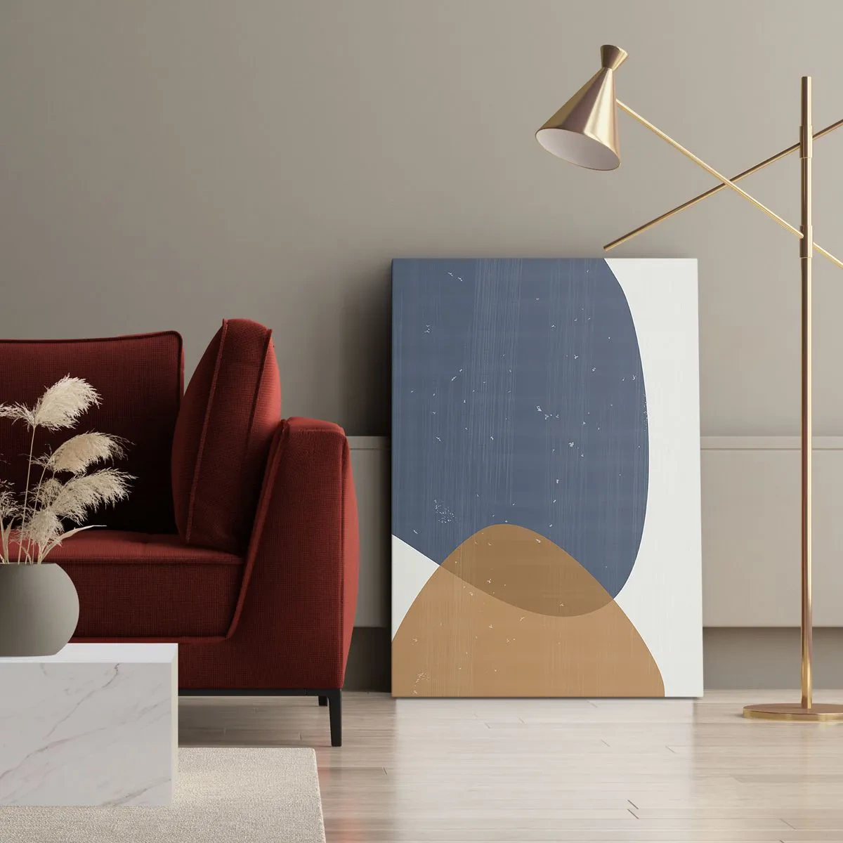 Bild auf Leinwand - Leinwandbild - Eine minimalistische geometrische Komposition in Blau- und Orangetönen. - 50x70cm - Ovale und Einflüsse - Moderne Wanddekoration für Wohnzimmer und Schlafzimmer ARTTOR