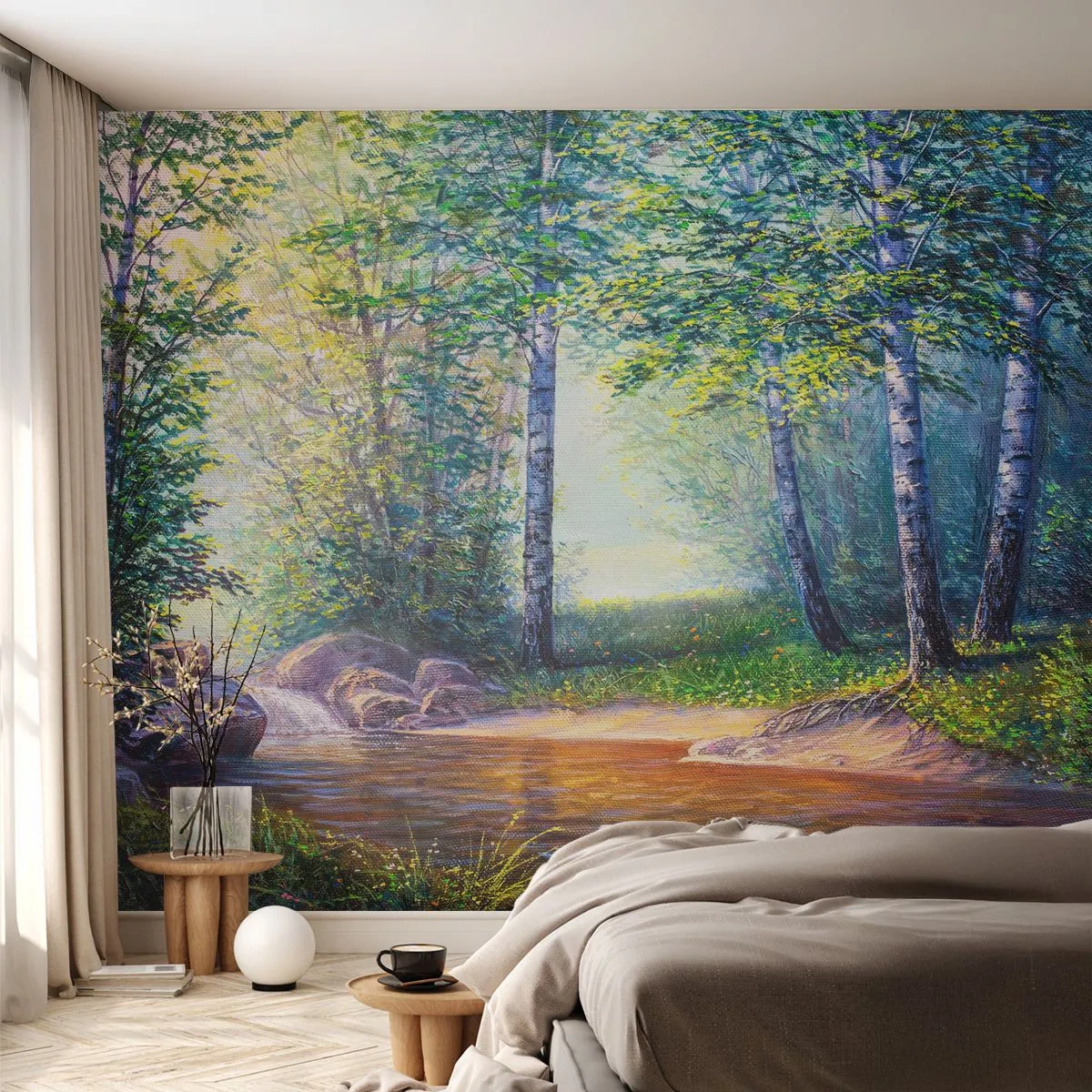Fototapete Premium Sand - Idyllische Landschaft - Landschaft, Wald, Fluss - 300x210 cm
