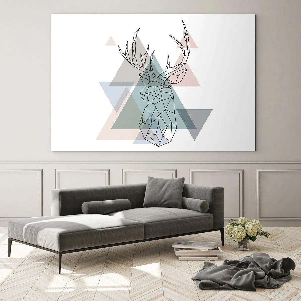 Glasbild - Bild auf glas - Geometrische Zeichnung eines Hirsches vor einem Hintergrund aus pastellfarbenen Dreiecken - 120x80cm - In einem geometrischen Wald - Moderne Wanddekoration für Wohnzimmer und Schlafzimmer ARTTOR