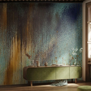 Fototapete Premium Canvas - Eine abstrakte Farbkomposition in Gold-, Braun- und Blautönen. - 100x70cm - Eine nicht zufällige farbenfrohe Komposition - Moderne Wanddekoration für Wohnzimmer und Schlafzimmer ARTTOR