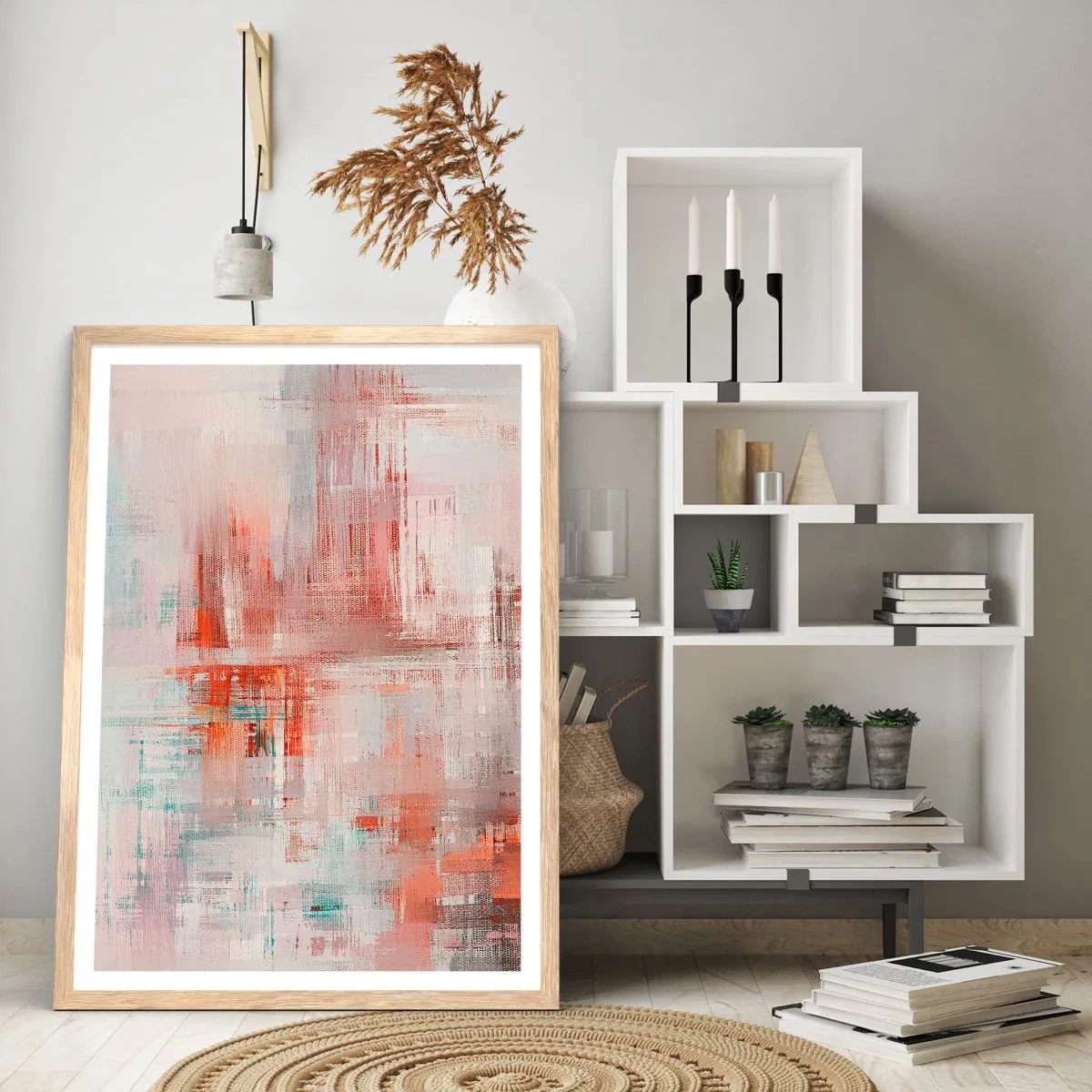 Poster in einem Rahmen aus heller Eiche - Dunstig. Aber rosa - 50x70 cm