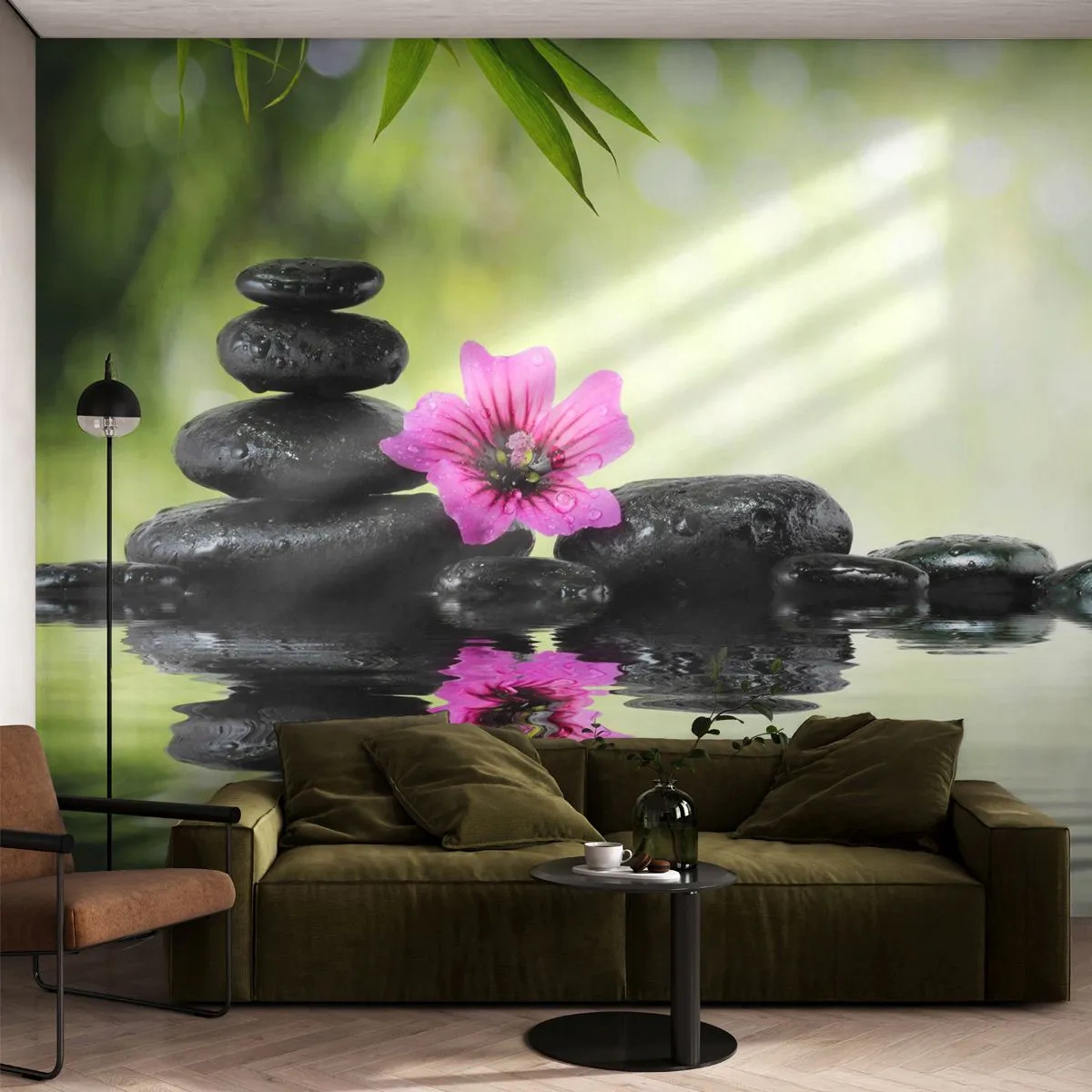 Fototapete Premium Sand - Zen-Steine mit einer rosa Blume über dem Wasser - 100x70cm - Zeit für die Seele - Moderne Wanddekoration für Wohnzimmer und Schlafzimmer ARTTOR