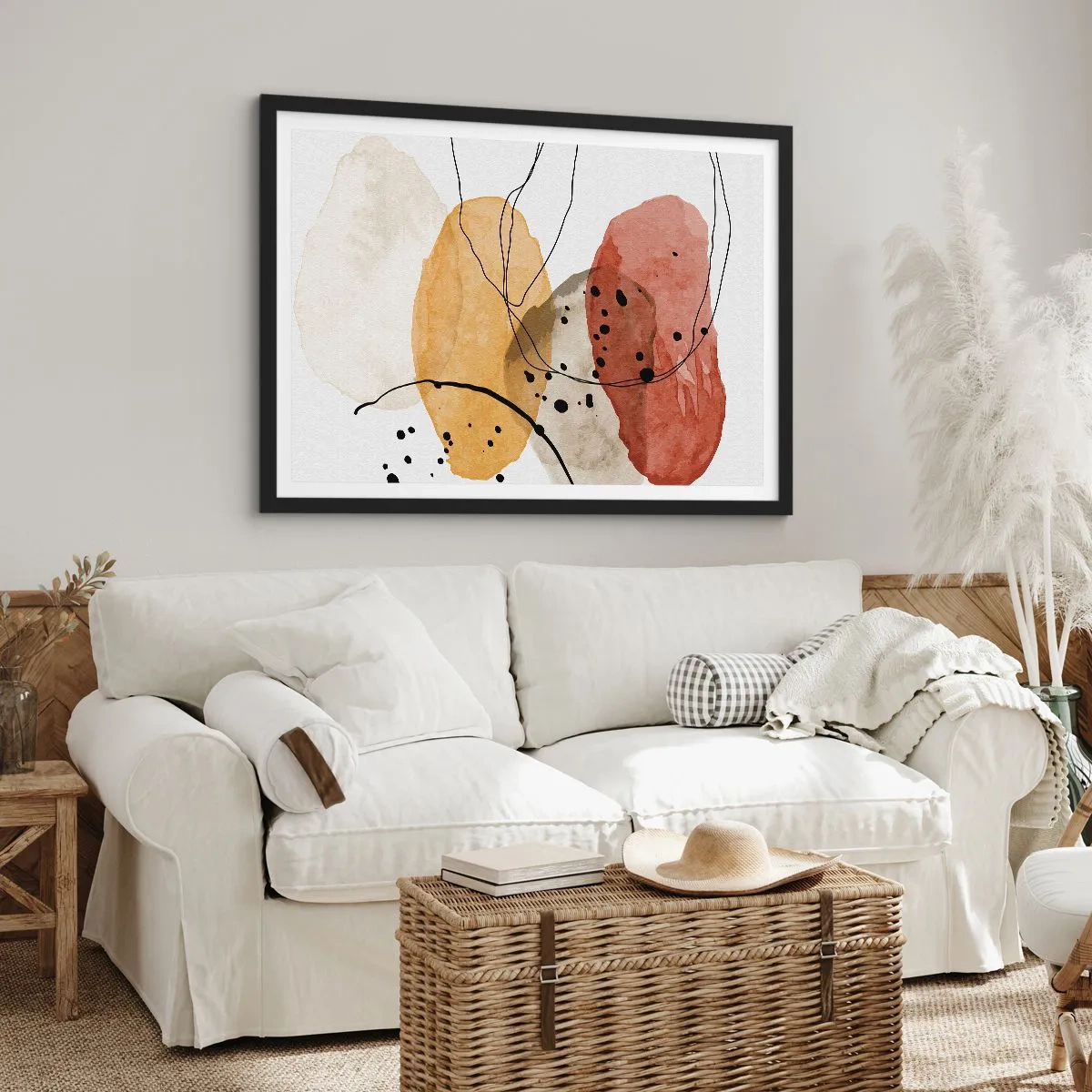 Poster in einem schwarzem Rahmen - Abstrakte Flecken in Beige-, Gelb- und Rottönen - 100x70cm - Wie leichte, transparente Luft - Moderne Wanddekoration für Wohnzimmer und Schlafzimmer ARTTOR