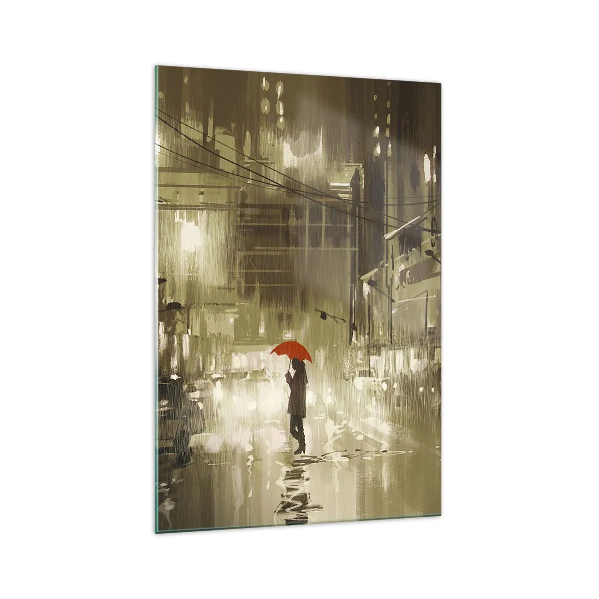 Glasbild - Bild auf glas - Eine Figur mit einem roten Regenschirm in einer verregneten Stadt - 70x100cm - Allein aber nicht einsam - Moderne Wanddekoration für Wohnzimmer und Schlafzimmer ARTTOR