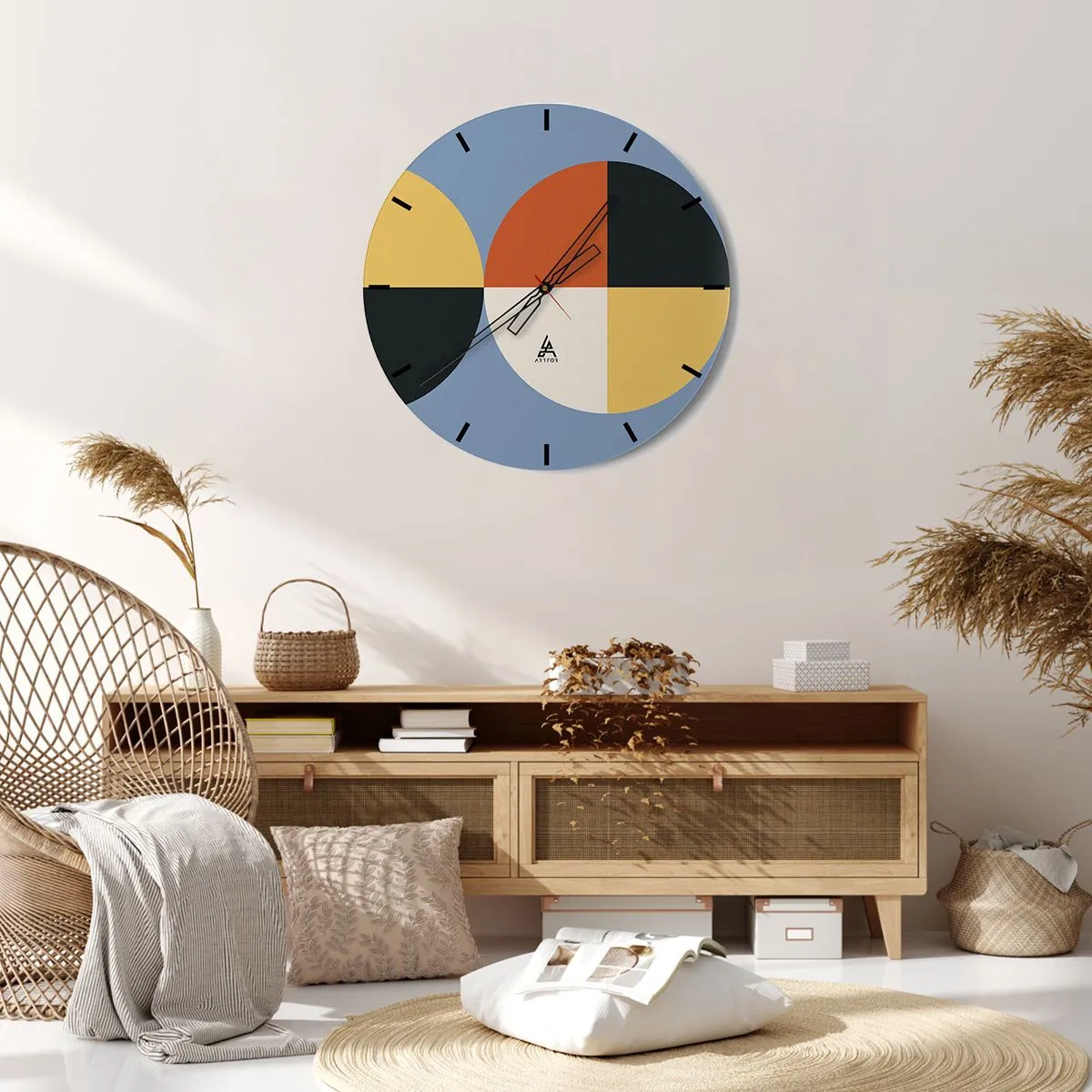 Wanduhr - Glasuhr - Geometrische Komposition mit bunten Halbkreisen und Quadraten - 30x30cm - Beobachte und zähle - Moderne Wanddekoration für Wohnzimmer, Küche und Schlafzimmer ARTTOR