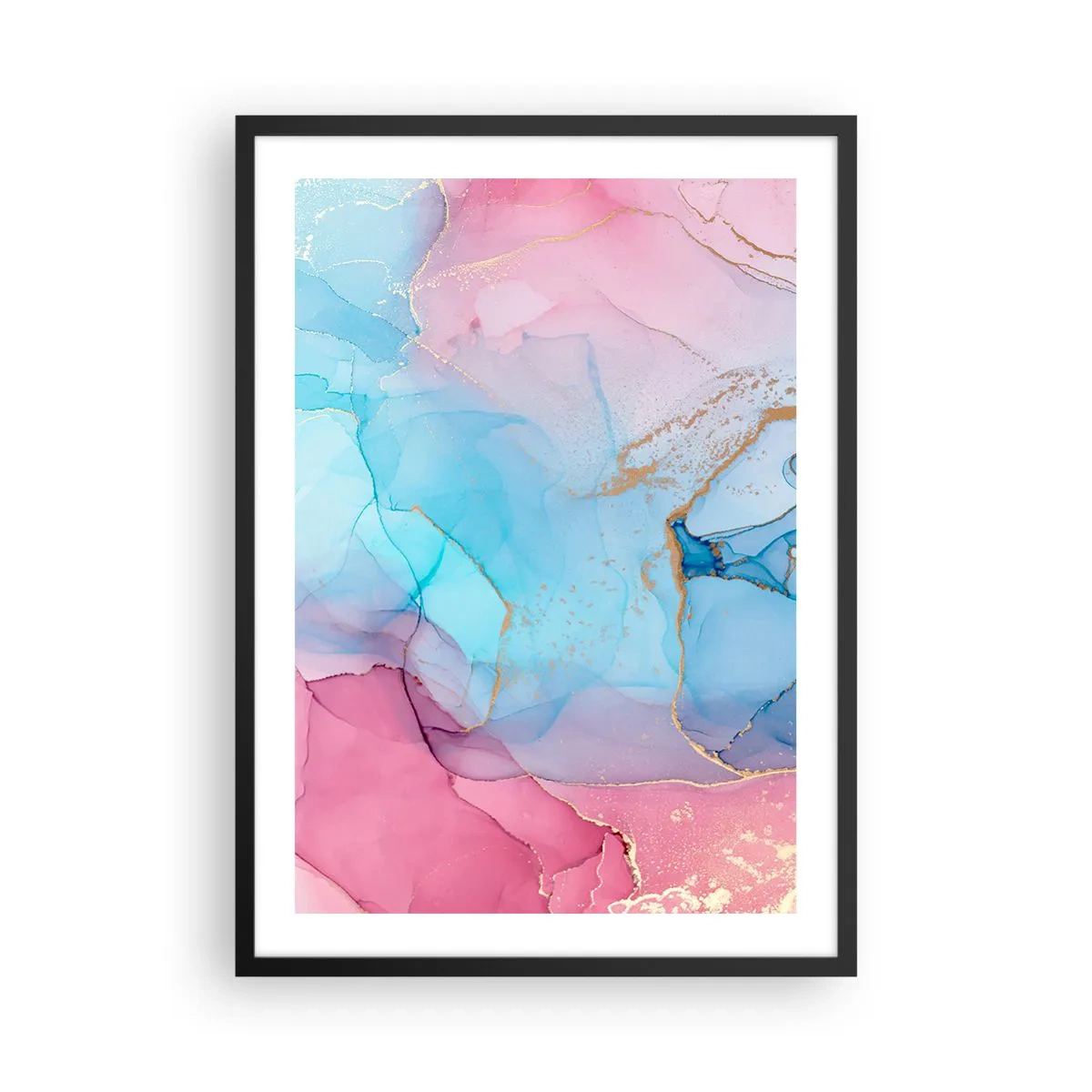 Poster in einem schwarzem Rahmen - Abstrakte Flecken in Rosa-, Blau- und Goldtönen - 50x70cm - Begegnung und Durchdringung - Moderne Wanddekoration für Wohnzimmer und Schlafzimmer ARTTOR