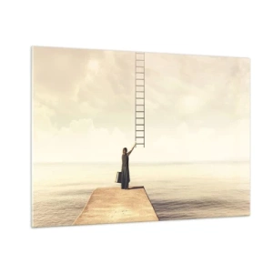 Glasbild - Bild auf glas - Frau auf einem Pier mit einer Leiter, die in den Himmel führt - 100x70cm - Eine magische Reise - Moderne Wanddekoration für Wohnzimmer und Schlafzimmer ARTTOR