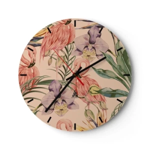 Wanduhr - Glasuhr - Flamingos und Blumen auf beigem Hintergrund - 30x30cm - Rosa Ballett in Blumen - Moderne Wanddekoration für Wohnzimmer, Küche und Schlafzimmer ARTTOR