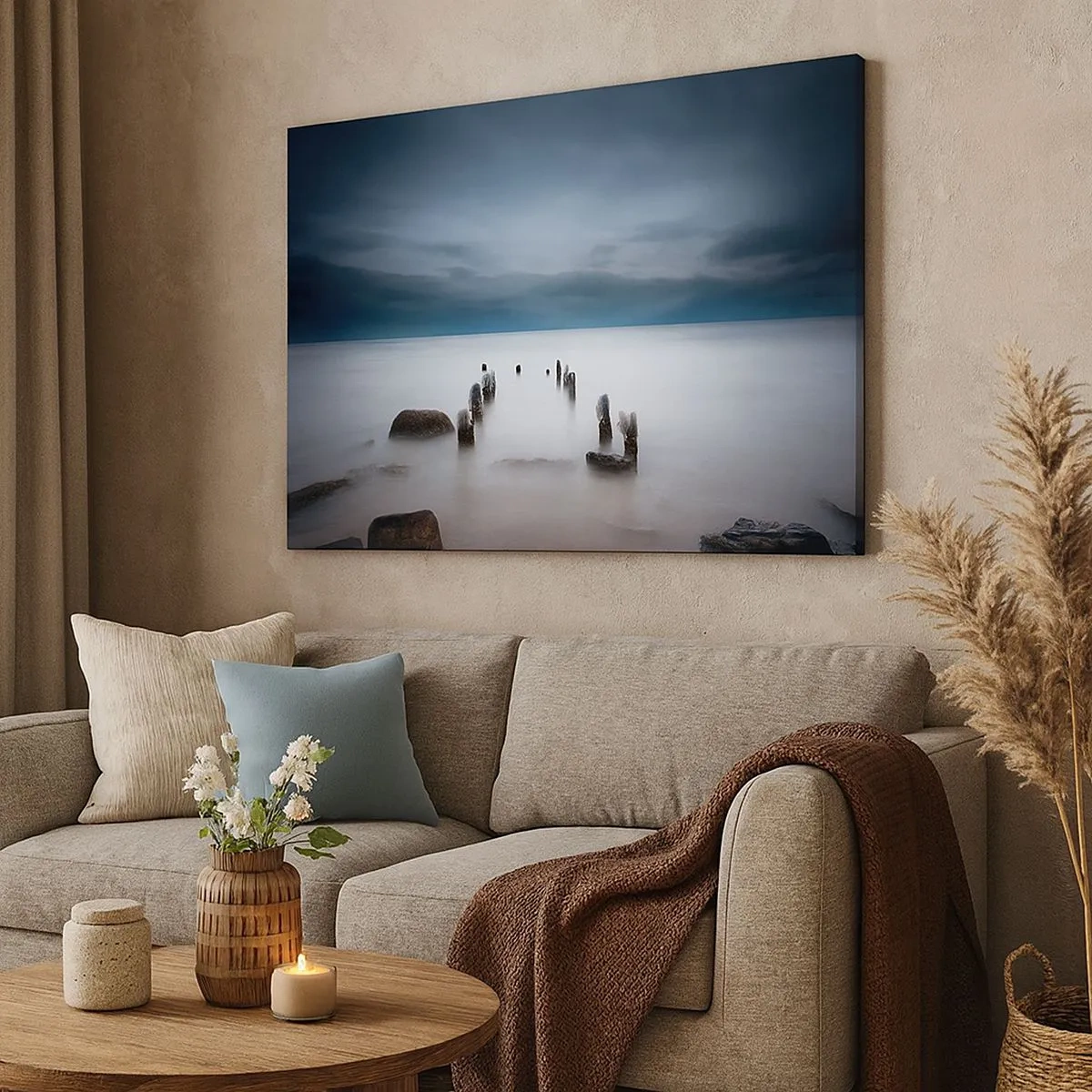 Bild auf Leinwand - Leinwandbild - Der alte Pier vor der Kulisse eines ruhigen Meeres - 70x50cm - Nachdenklicher See - Moderne Wanddekoration für Wohnzimmer und Schlafzimmer ARTTOR