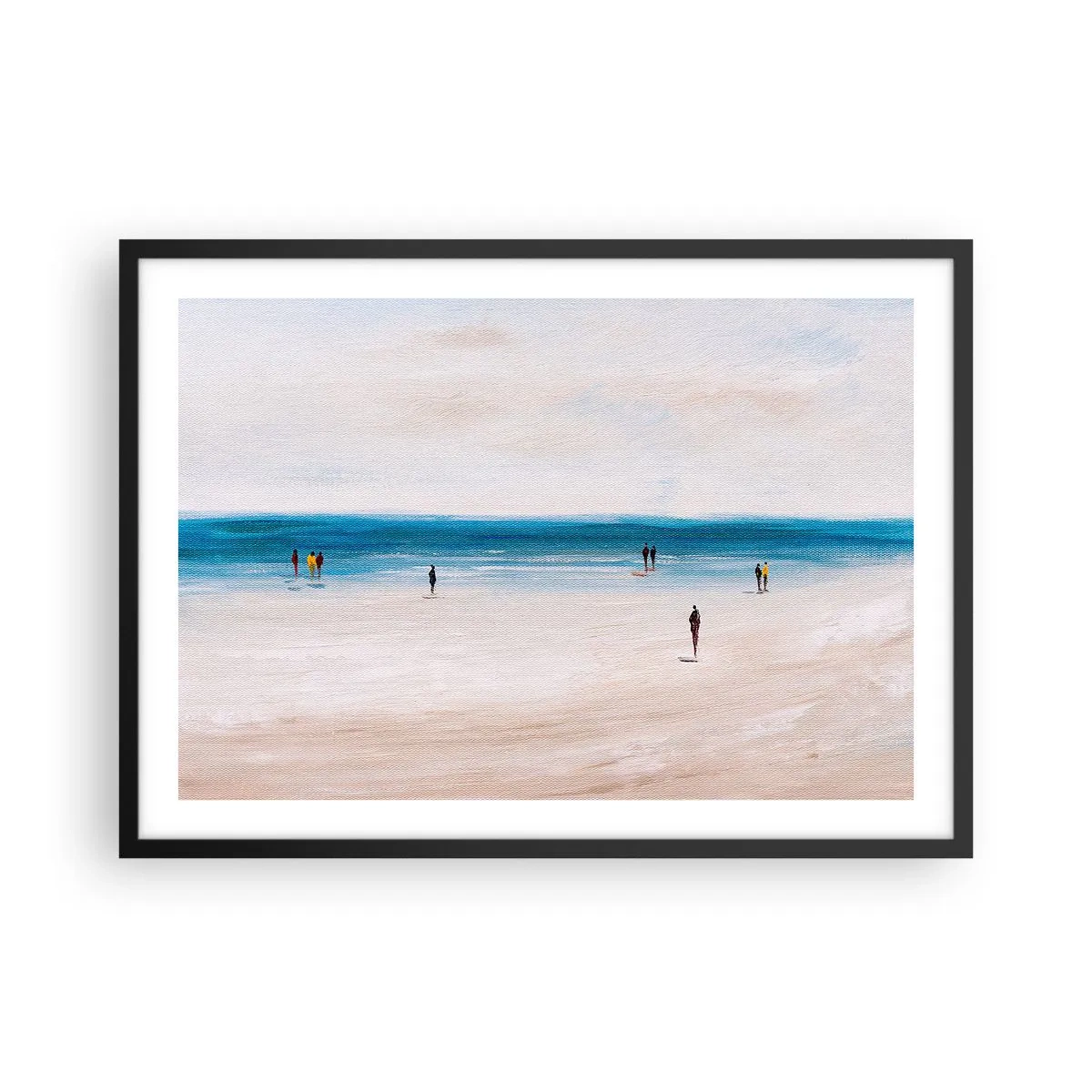 Poster in einem schwarzem Rahmen - Ein Strand mit Menschen vor der Kulisse eines ruhigen Meeres - 70x50cm - Natürliches Bedürfnis - Moderne Wanddekoration für Wohnzimmer und Schlafzimmer ARTTOR