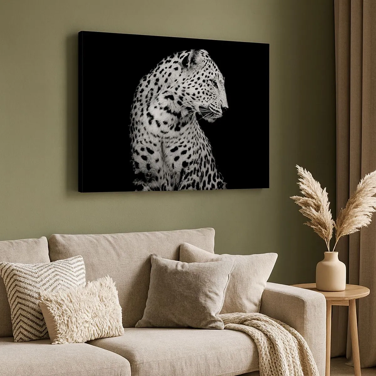 Bild auf Leinwand - Leinwandbild - Schwarz-Weiß-Bild eines Leoparden auf schwarzem Hintergrund - 70x50cm - Rechtes Profil perfekt! - Moderne Wanddekoration für Wohnzimmer und Schlafzimmer ARTTOR