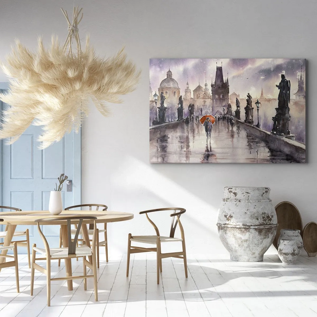 Bild auf Leinwand - Leinwandbild - Romantischer Blick auf eine Brücke mit einem Regenschirm vor der Kulisse einer abendlichen Stadt - 120x80cm - Leute verändern sich nicht - Moderne Wanddekoration für Wohnzimmer und Schlafzimmer ARTTOR