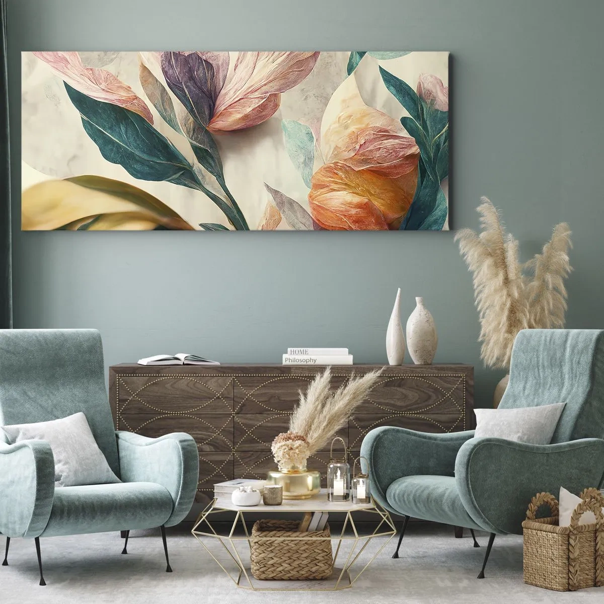 Bild auf Leinwand - Leinwandbild - Bunte Blumen im tropischen Stil auf hellem Hintergrund - 140x50cm - Blumen der südlichen Inseln - Moderne Wanddekoration für Wohnzimmer und Schlafzimmer ARTTOR