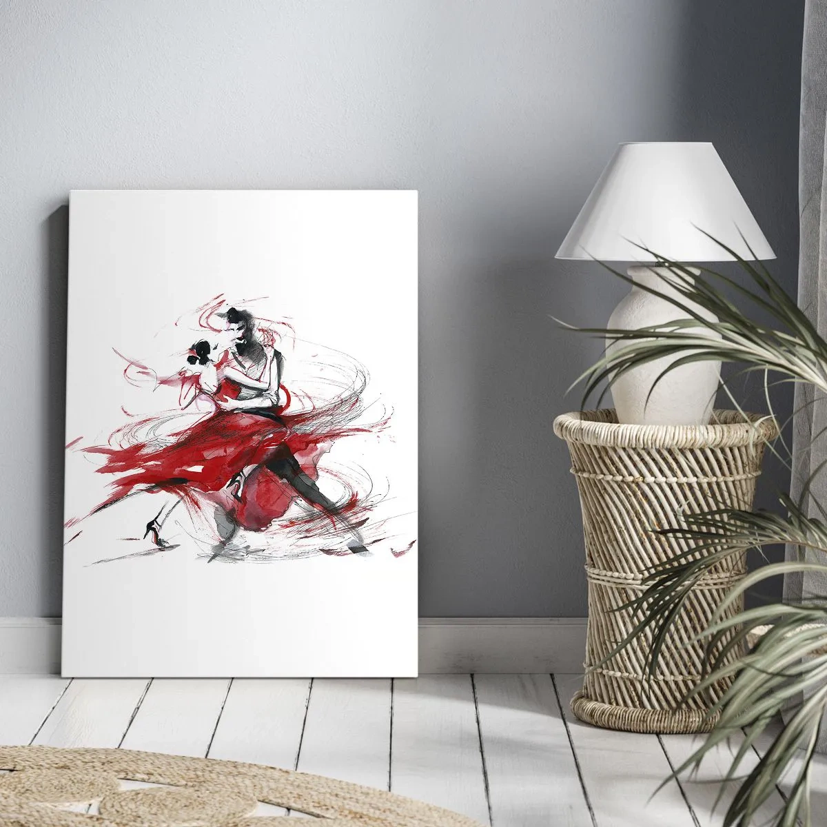 Bild auf Leinwand - Leinwandbild - Tänzer in einem dynamischen Tanz mit roten Akzenten - 50x70cm - Tango – der Rhythmus der Leidenschaft - Moderne Wanddekoration für Wohnzimmer und Schlafzimmer ARTTOR