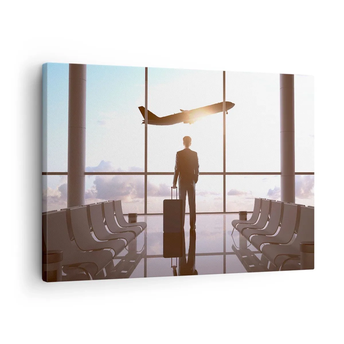 Bild auf Leinwand - Leinwandbild - Geschäftsmann am Flughafen mit einem Flugzeug im Hintergrund - 70x50cm - Du hast Zeit, lass dir Zeit - Moderne Wanddekoration für Wohnzimmer und Schlafzimmer ARTTOR