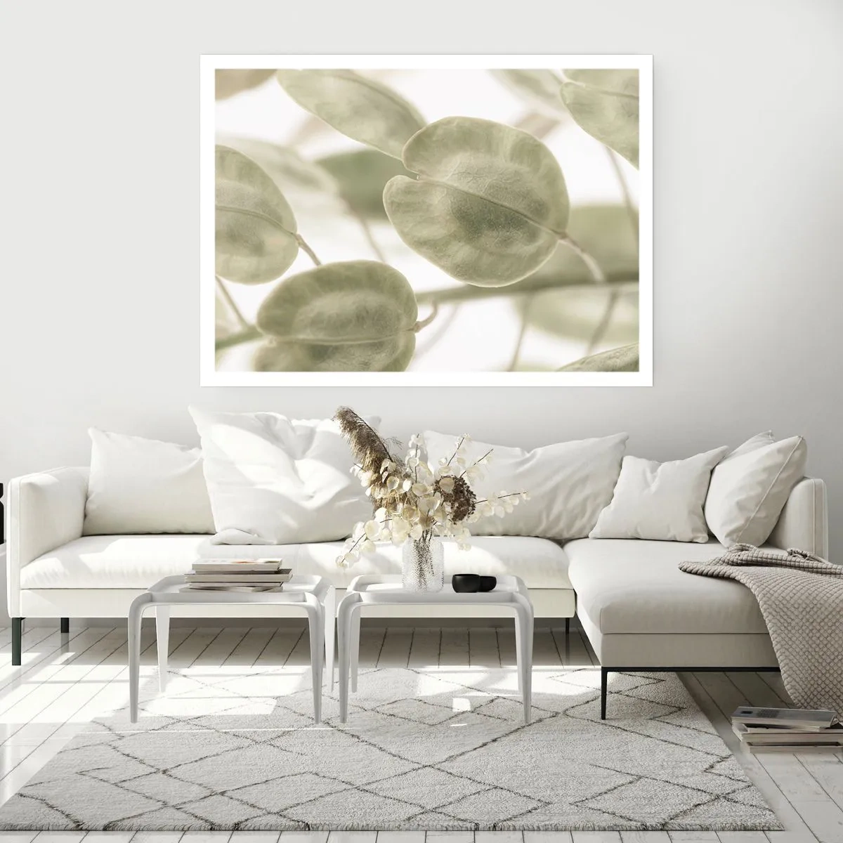 Poster - Ein zartes Gemälde von Blättern in pastellfarbenen Grüntönen auf hellem Hintergrund. - 100x70cm - Am Anfang waren Blätter... - Moderne Wanddekoration für Wohnzimmer und Schlafzimmer ARTTOR