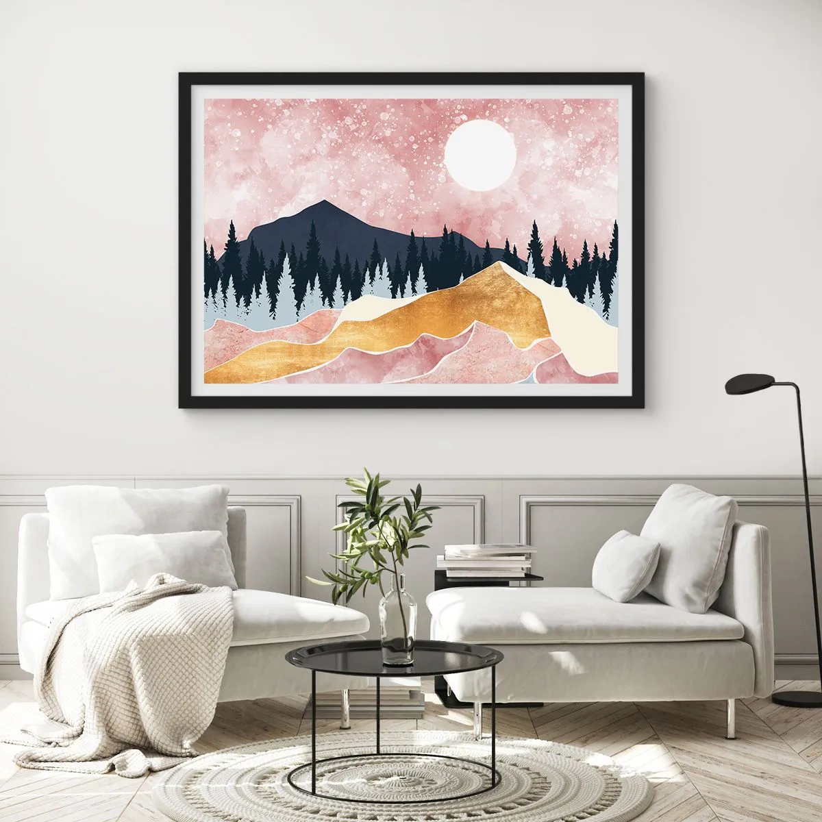 Poster in einem schwarzem Rahmen - Bunte Berge vor einem rosa Himmel mit einem Mond - 70x50cm - Nachtwache - Moderne Wanddekoration für Wohnzimmer und Schlafzimmer ARTTOR