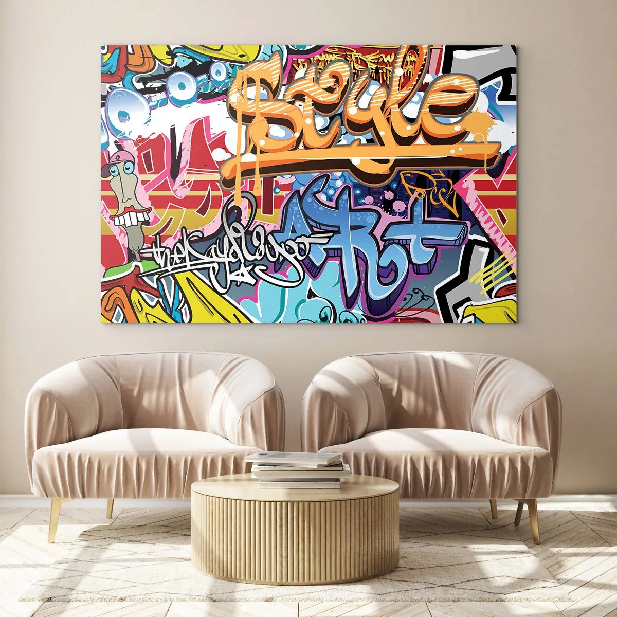 Glasbild - Bild auf glas - Bunte Graffiti mit dynamischen Inschriften und Zeichnungen - 100x70cm - Wandbilder, Wandbilder, Wandbilder ... - Moderne Wanddekoration für Wohnzimmer und Schlafzimmer ARTTOR