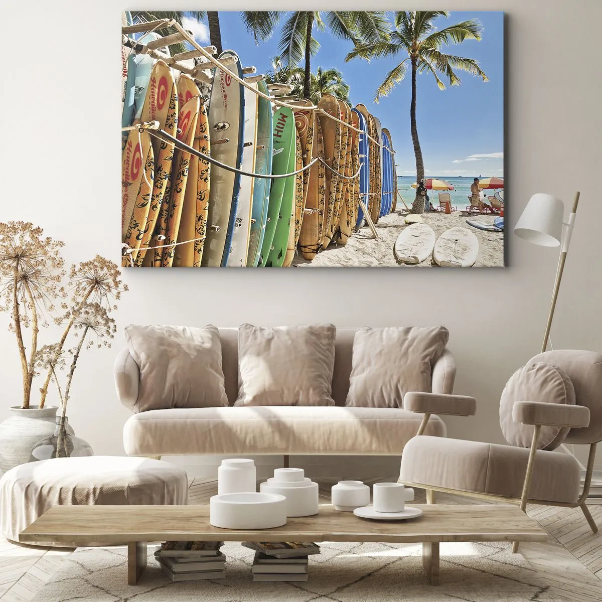 Bild auf Leinwand - Leinwandbild - Surfbretter an einem Strand mit Palmen - 120x80cm - Sonniger Spaß - Moderne Wanddekoration für Wohnzimmer und Schlafzimmer ARTTOR