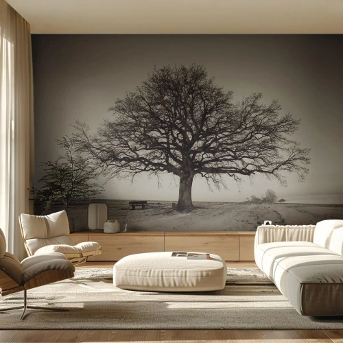 Fototapete Premium Sand - Ein einsamer Baum in einer sepianischen Winterlandschaft - 100x70cm - Von hier zu Ewigkeit - Moderne Wanddekoration für Wohnzimmer und Schlafzimmer ARTTOR