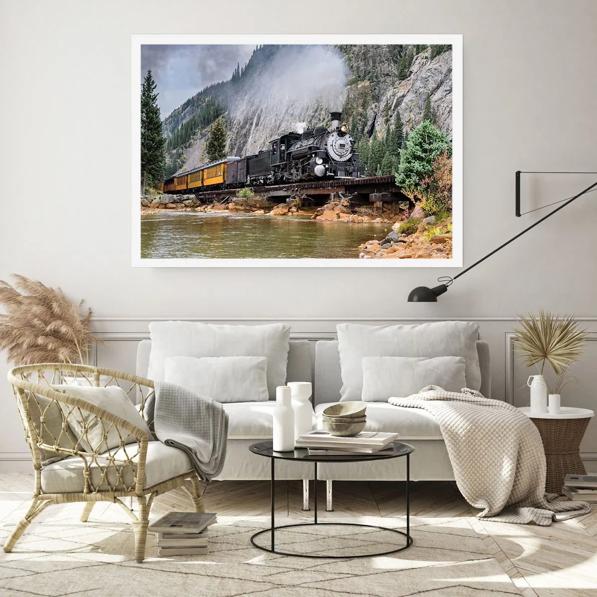 Poster - Eine Dampflokomotive auf einer Brücke in einer malerischen Berglandschaft - 100x70cm - Wo willst du hin? Wohin? - Moderne Wanddekoration für Wohnzimmer und Schlafzimmer ARTTOR