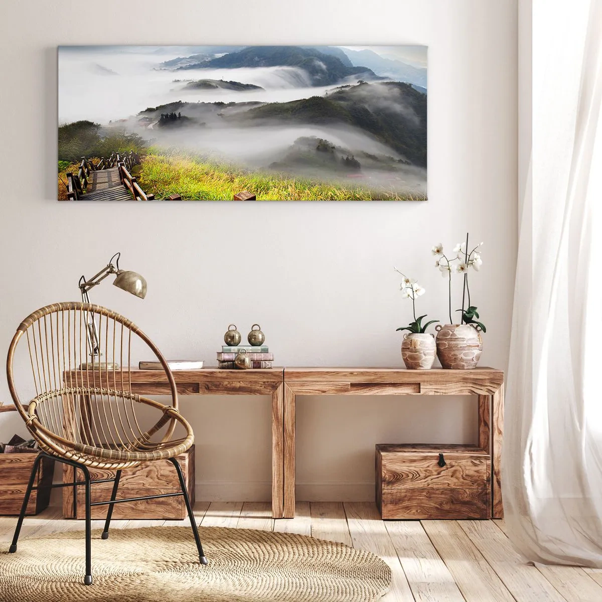 Bild auf Leinwand - Leinwandbild - Ein Holzpfad zwischen den nebligen Bergen am Morgen - 160x50cm - Gewebt aus Lichtschein und Nebel - Moderne Wanddekoration für Wohnzimmer und Schlafzimmer ARTTOR