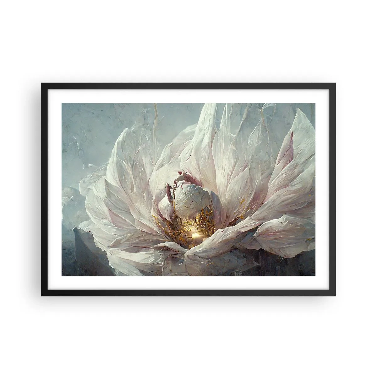 Poster in einem schwarzem Rahmen - Eine zarte weiße Blume mit subtilen goldenen Akzenten - 70x50cm - Sie blüht alle hundert Jahre einmal - Moderne Wanddekoration für Wohnzimmer und Schlafzimmer ARTTOR