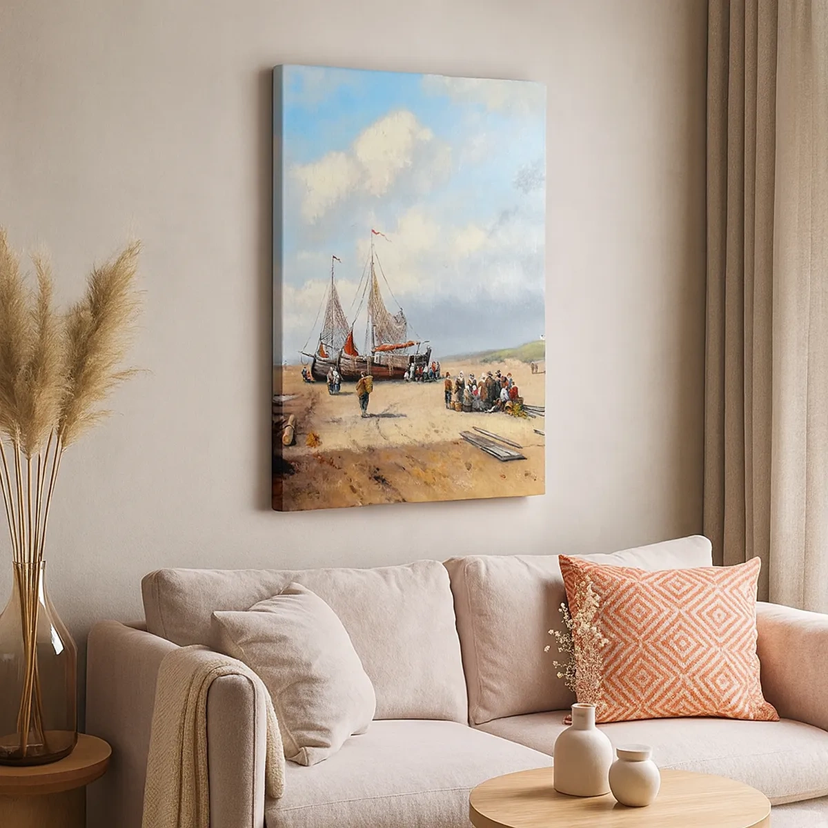 Bild auf Leinwand - Leinwandbild - Fischerboote am Strand mit menschlichen Figuren - 50x70cm - Nach einem erfolgreichen Fischfang - Moderne Wanddekoration für Wohnzimmer und Schlafzimmer ARTTOR