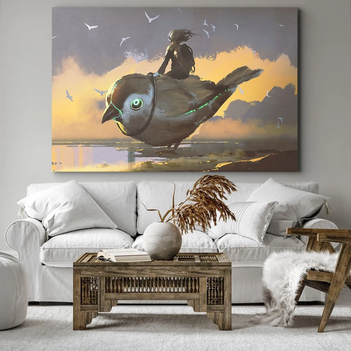 Bild auf Leinwand - Leinwandbild - Reiter auf einem riesigen Vogel in einer surrealen Landschaft - 100x70cm - Ein Stopp auf einer fantastischen Reise - Moderne Wanddekoration für Wohnzimmer und Schlafzimmer ARTTOR