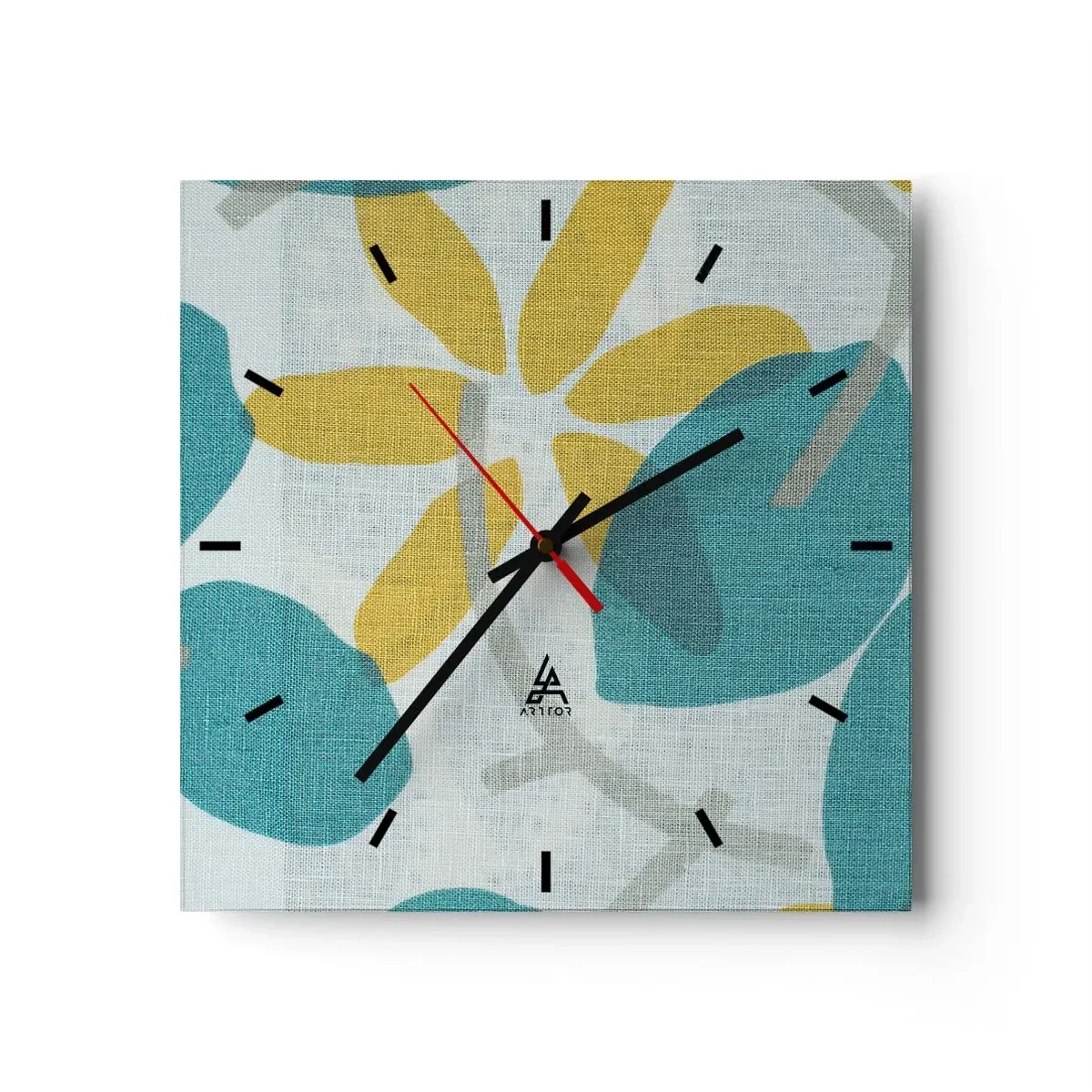 Wanduhr - Glasuhr - Blätter in Türkis- und Gelbtönen auf hellem Hintergrund - 30x30cm - Unter den azurblauen Blättern - Moderne Wanddekoration für Wohnzimmer und Schlafzimmer ARTTOR