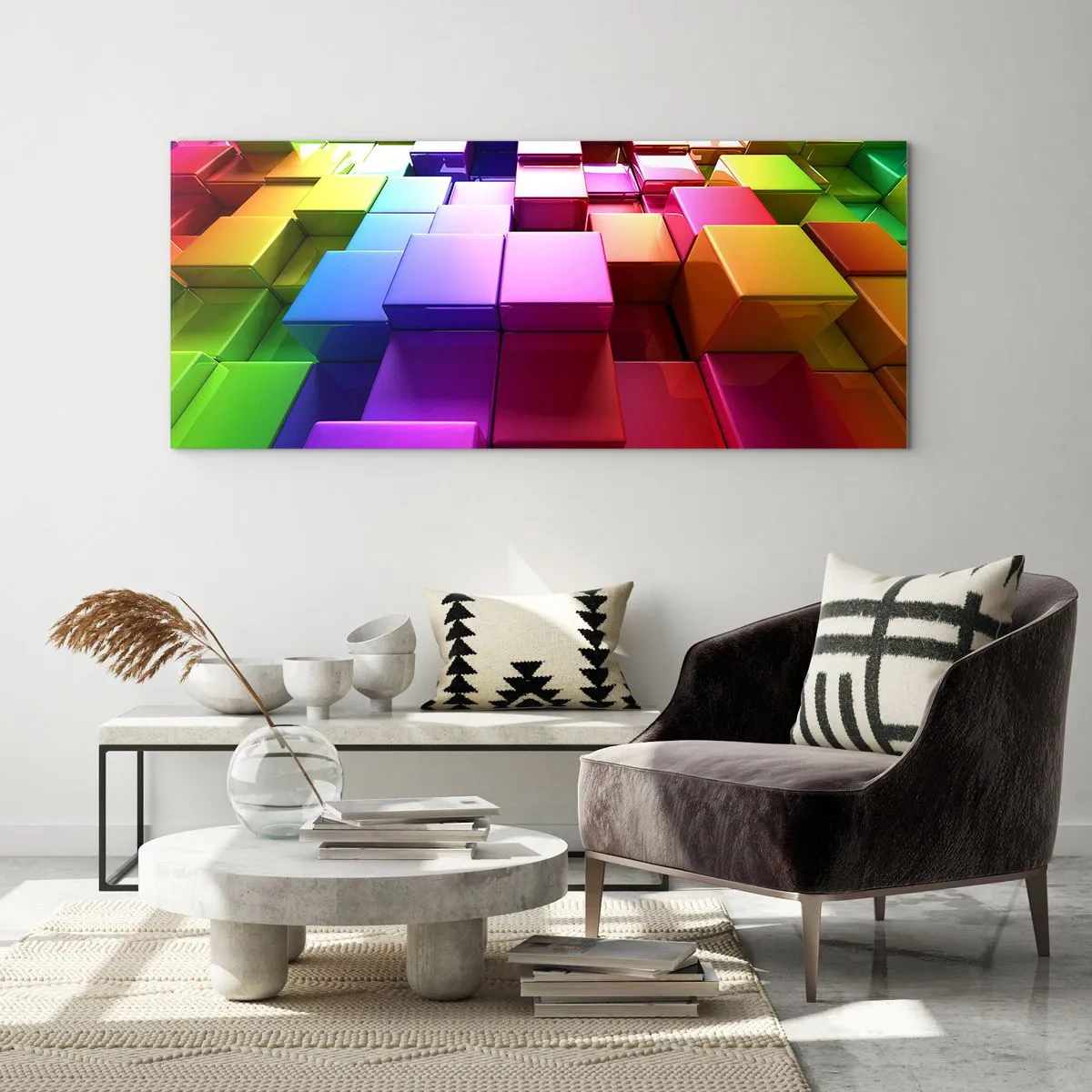 Glasbild - Bild auf glas - Bunte geometrische 3D-Würfel - 160x50cm - Op-Art gemeinsam im Team - Moderne Wanddekoration für Wohnzimmer und Schlafzimmer ARTTOR
