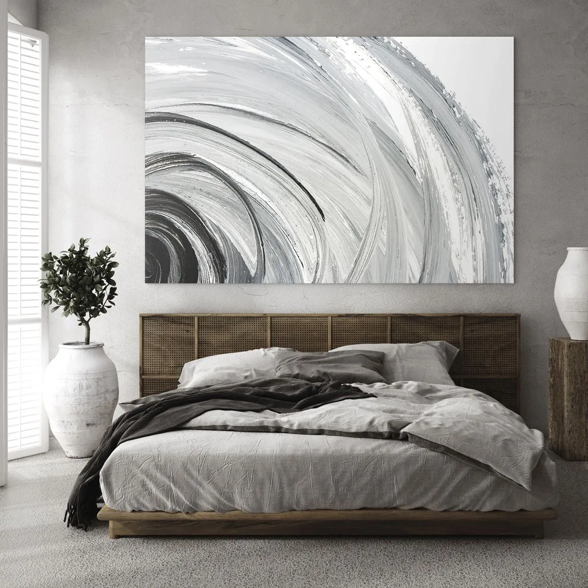 Glasbild - Bild auf glas - Eine schwarz-weiße Spirale mit dynamischen Pinselstrichen. - 100x70cm - Orbitale Komposition - Moderne Wanddekoration für Wohnzimmer und Schlafzimmer ARTTOR