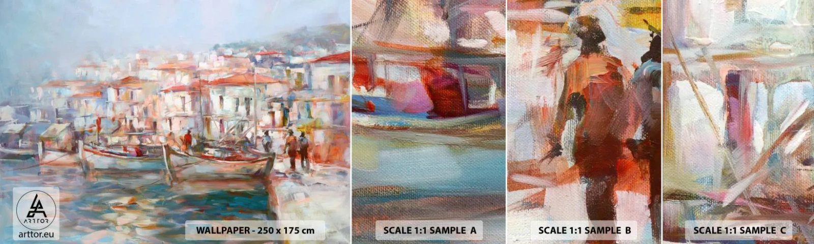 Fototapeten Muster Selbstklebend Deluxe Sticker - Pastell-Sommerferien - Hafenstadt, Die Architektur, Fischerboot - 100x30 cm