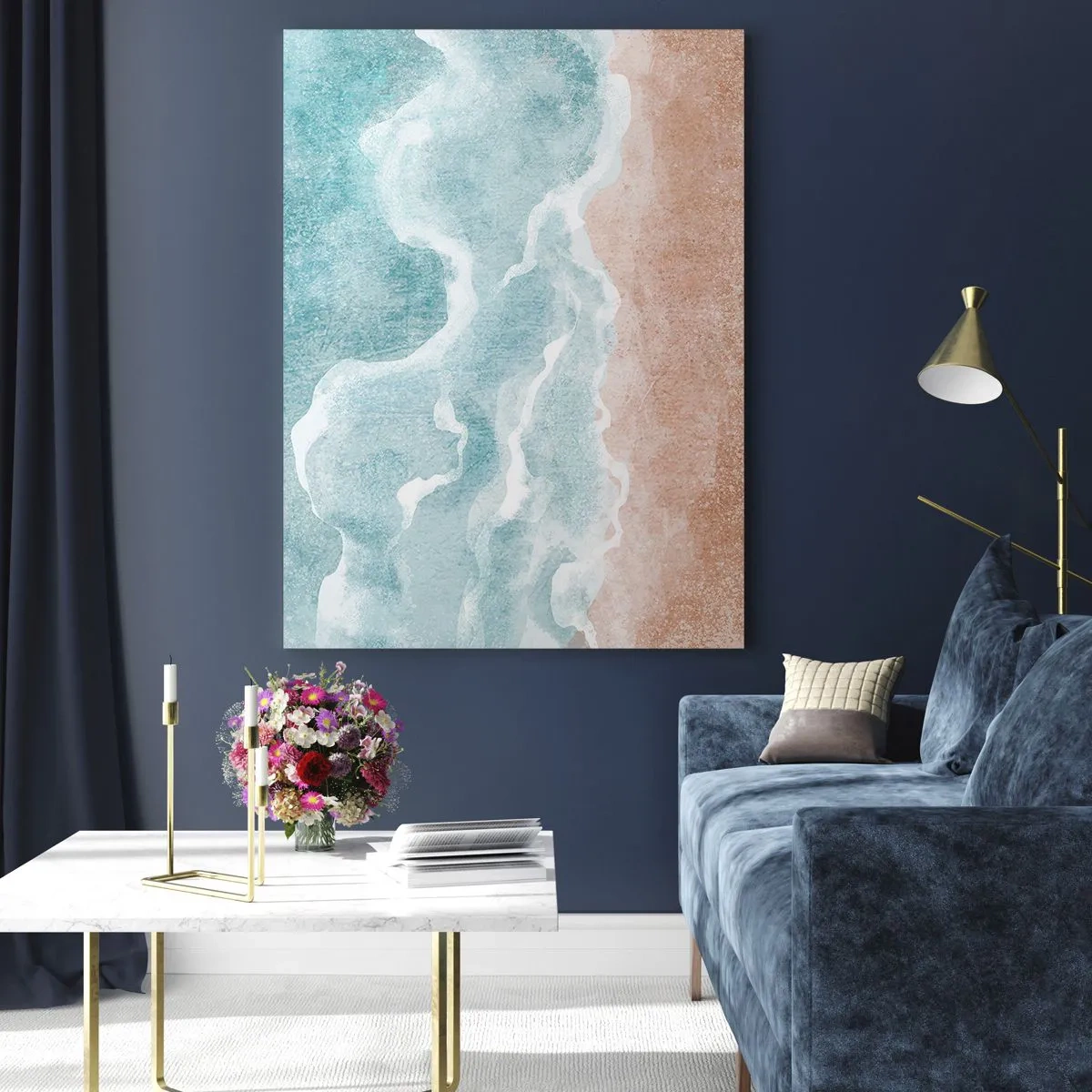 Glasbild - Bild auf glas - Abstrakter Strand mit Wellen in Blau- und Beigetönen - 70x100cm - Cloud-Abstraktion - Moderne Wanddekoration für Wohnzimmer und Schlafzimmer ARTTOR
