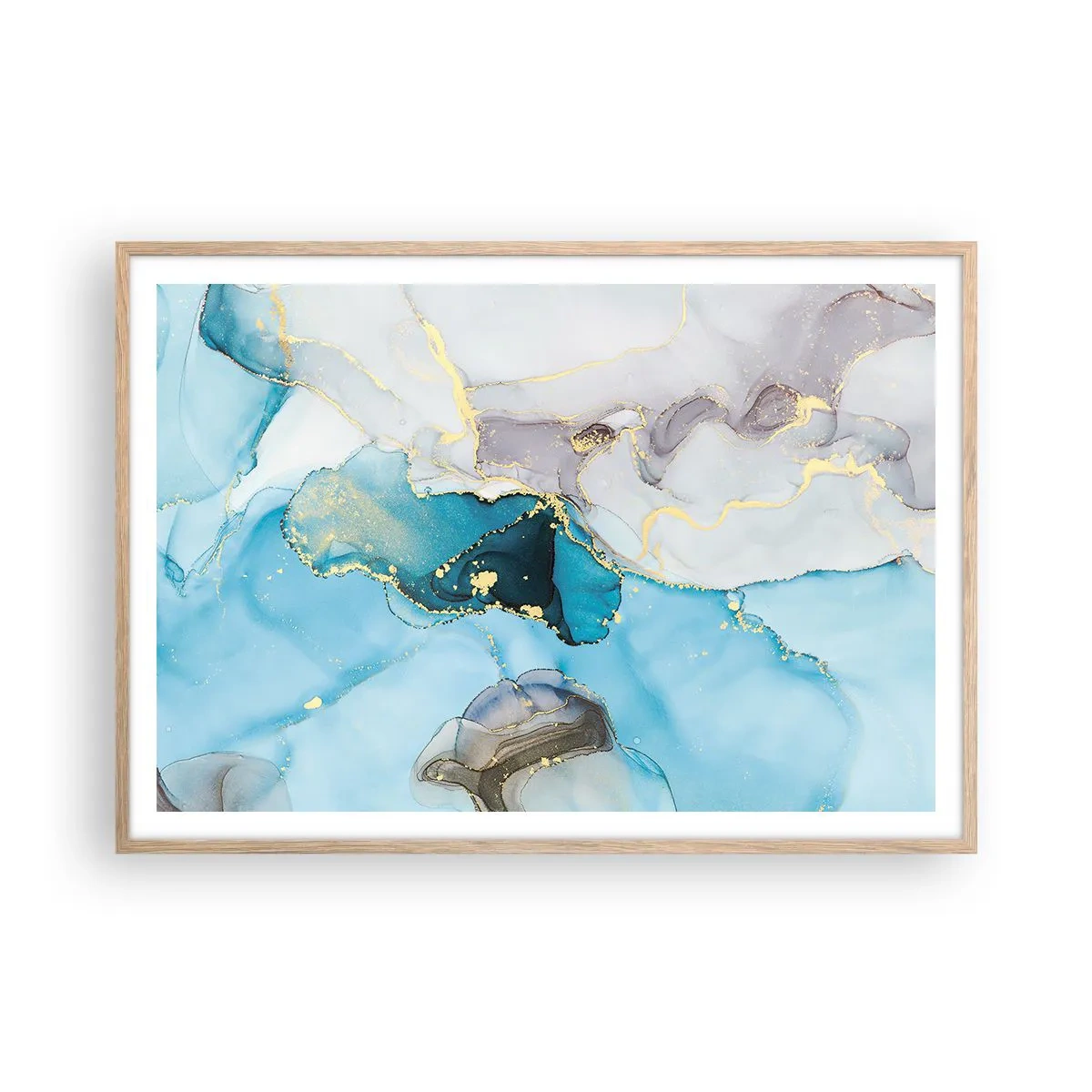 Poster in einem Rahmen aus heller Eiche - Eine Studie über das Zusammentreffen von Grau und Türkis - 100x70 cm