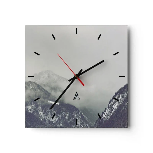 Wanduhr - Glasuhr - Ein in Nebel gehülltes Bergtal in Grautönen - 30x30cm - Nebliges Tal - Moderne Wanddekoration für Wohnzimmer und Schlafzimmer ARTTOR