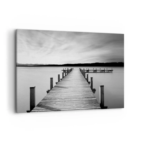 Bild auf Leinwand - Leinwandbild - Ein schwarz-weißer Steg an einem ruhigen See - 100x70cm - An der Wasserstelle - Ruhe - Moderne Wanddekoration für Wohnzimmer und Schlafzimmer ARTTOR