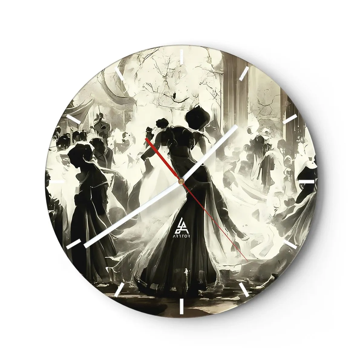 Wanduhr - Glasuhr - Maskierte Ballsaalfiguren tanzen in einem eleganten Interieur - 30x30cm - Die große Maskerade - Moderne Wanddekoration für Wohnzimmer, Küche und Schlafzimmer ARTTOR