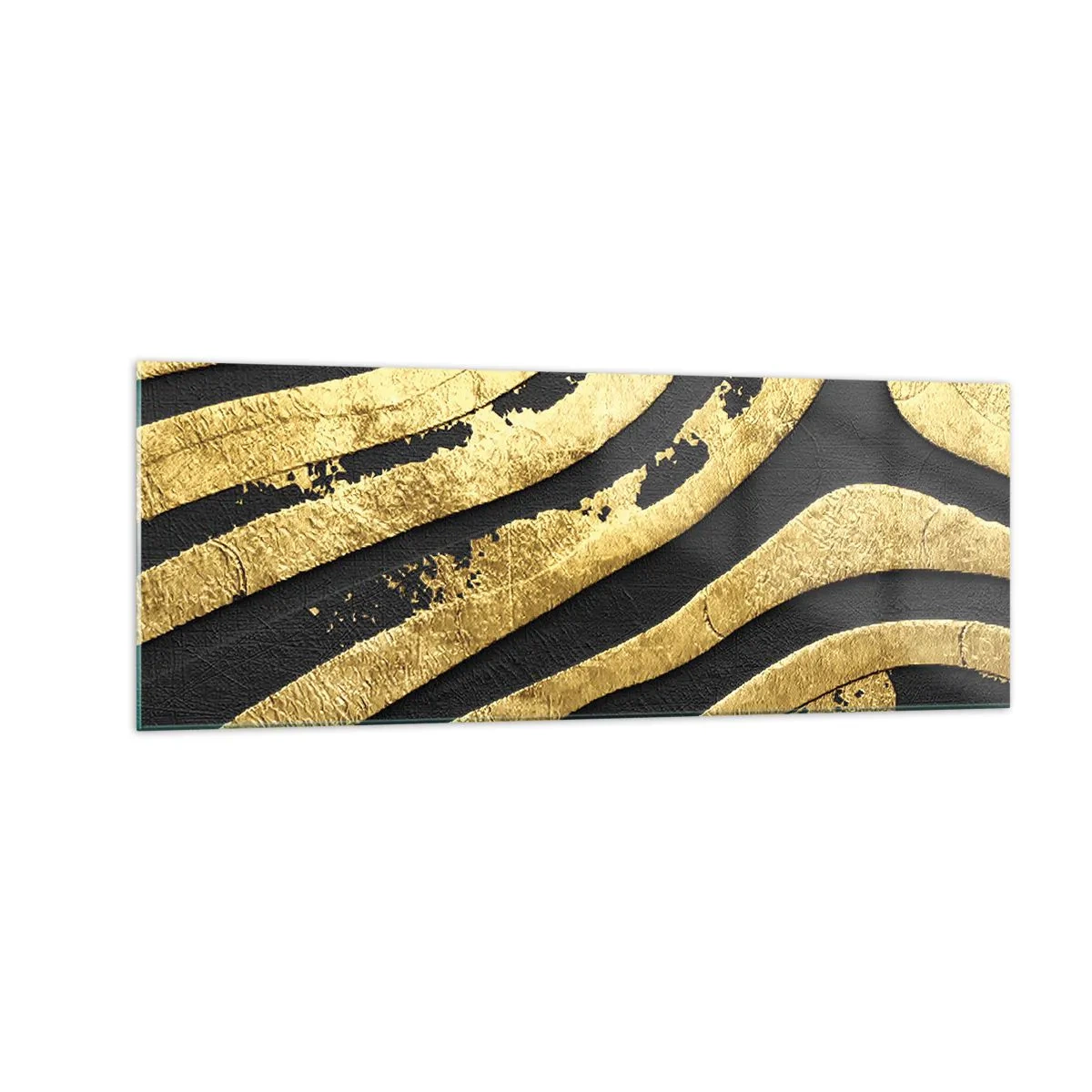 Glasbild - Bild auf glas - Goldene abstrakte Wellen auf schwarzem Hintergrund - 140x50cm - Alles fließt - Moderne Wanddekoration für Wohnzimmer und Schlafzimmer ARTTOR