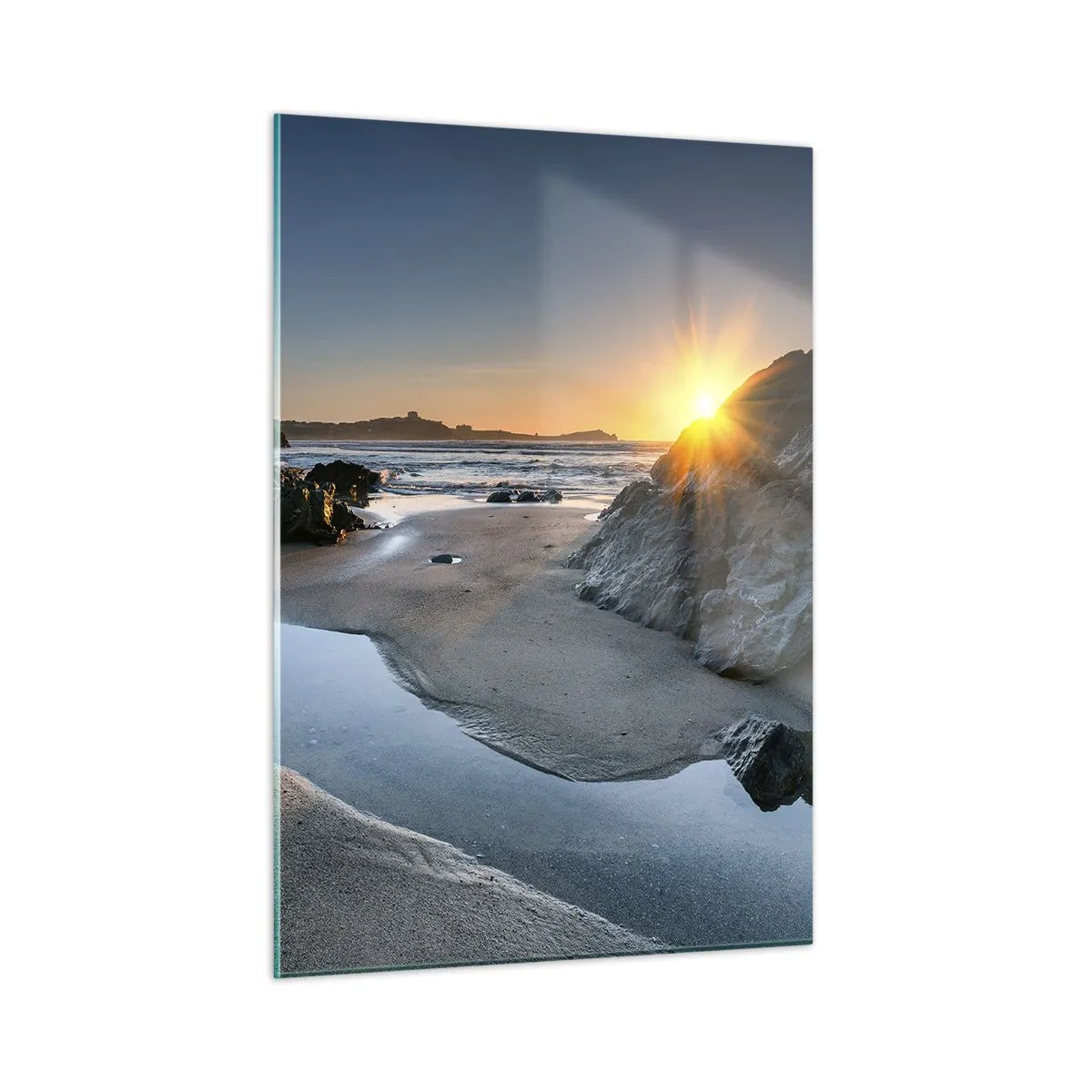 Glasbild - Bild auf glas - Strand bei Sonnenaufgang mit malerischen Felsen und Wasser - 50x70cm - Unberührt von menschlicher Hand - Moderne Wanddekoration für Wohnzimmer und Schlafzimmer ARTTOR