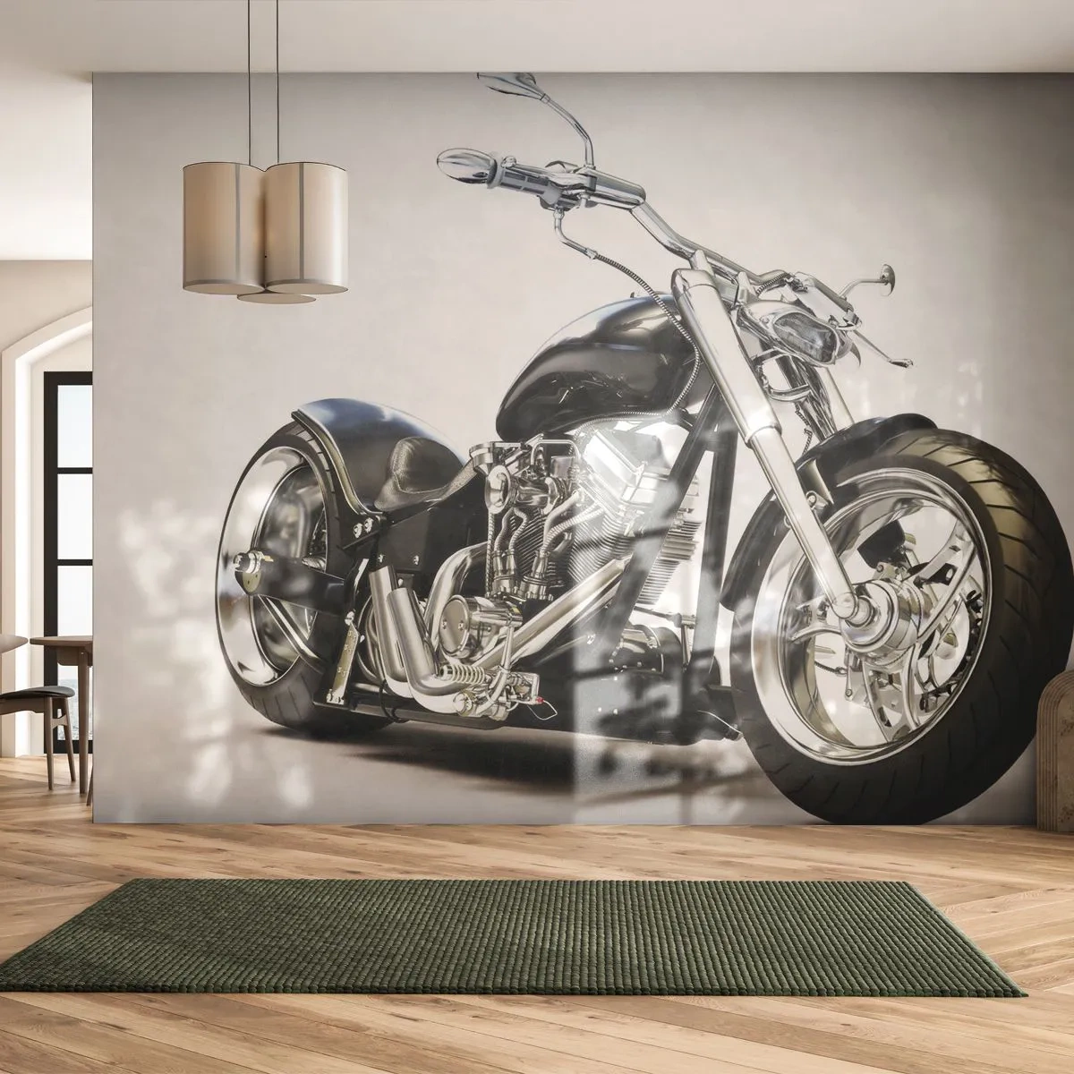 Fototapete Premium Sand - Schwarzes Custom-Motorrad auf hellem Hintergrund mit Chromdetails - 100x70cm - Stärke mit Charakter - Moderne Wanddekoration für Wohnzimmer und Schlafzimmer ARTTOR