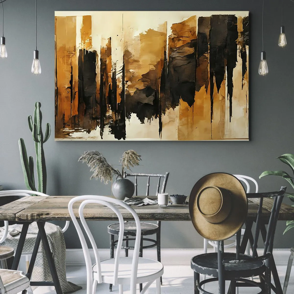 Bild auf Leinwand - Leinwandbild - Abstrakte goldene und schwarze Streifen in einer künstlerischen Komposition - 70x50cm - Harmonie von Schwarz und Gold - Moderne Wanddekoration für Wohnzimmer und Schlafzimmer ARTTOR