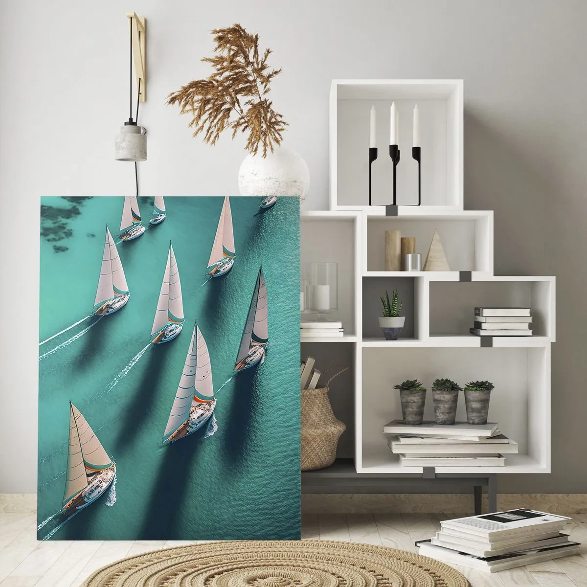 Glasbild - Bild auf glas - Yachten auf türkisfarbenem Wasser in dynamischer Bewegung - 70x100cm - Im Wettbewerb mit dem Wind - Moderne Wanddekoration für Wohnzimmer und Schlafzimmer ARTTOR