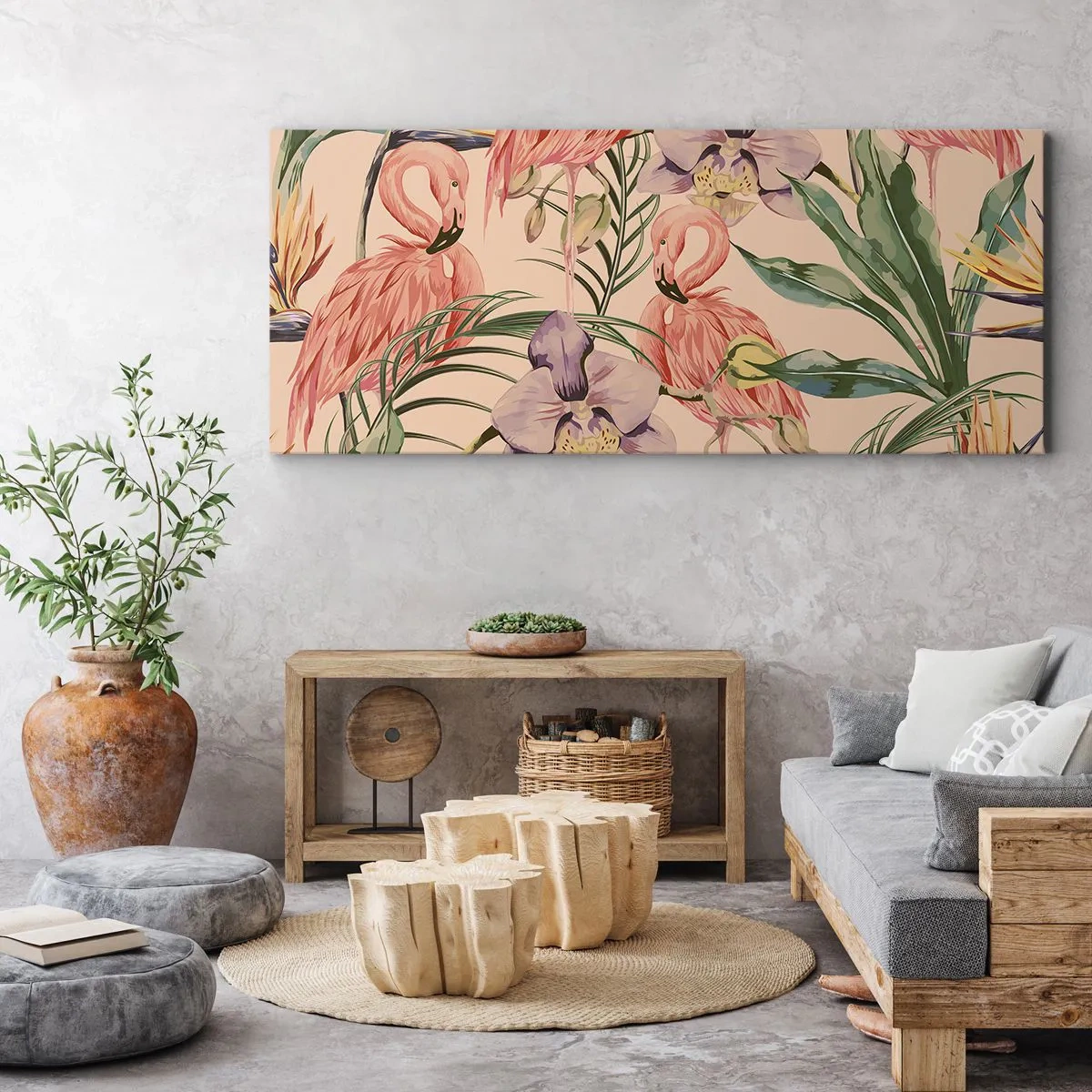 Bild auf Leinwand - Leinwandbild - Flamingos und tropische Blumen auf hellem Hintergrund - 120x50cm - Rosa Ballett in Blumen - Moderne Wanddekoration für Wohnzimmer und Schlafzimmer ARTTOR