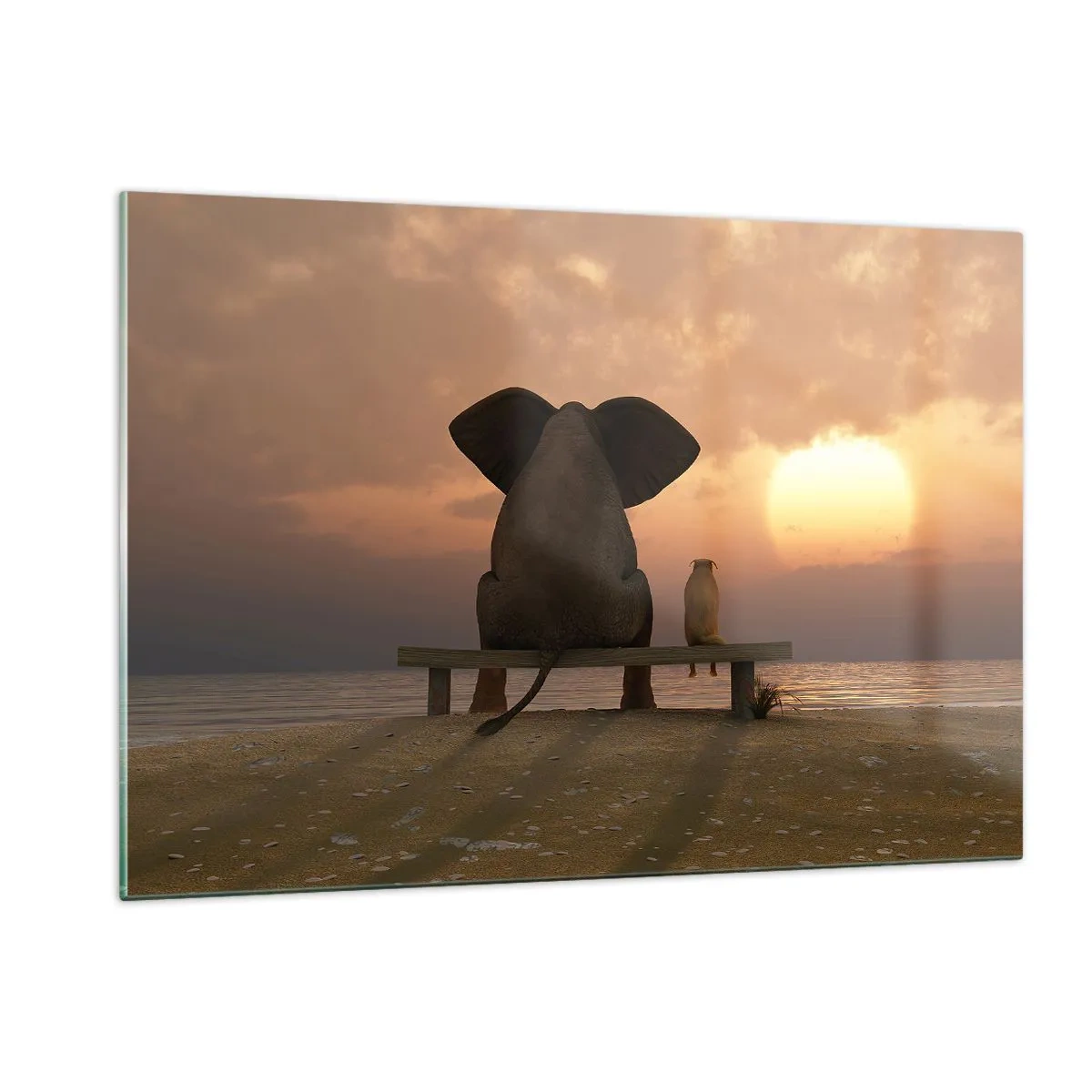 Glasbild - Bild auf glas - Elefant und Hund auf einer Bank bei Sonnenuntergang - 120x80cm - Es tut gut zusammen zu schweigen - Moderne Wanddekoration für Wohnzimmer und Schlafzimmer ARTTOR